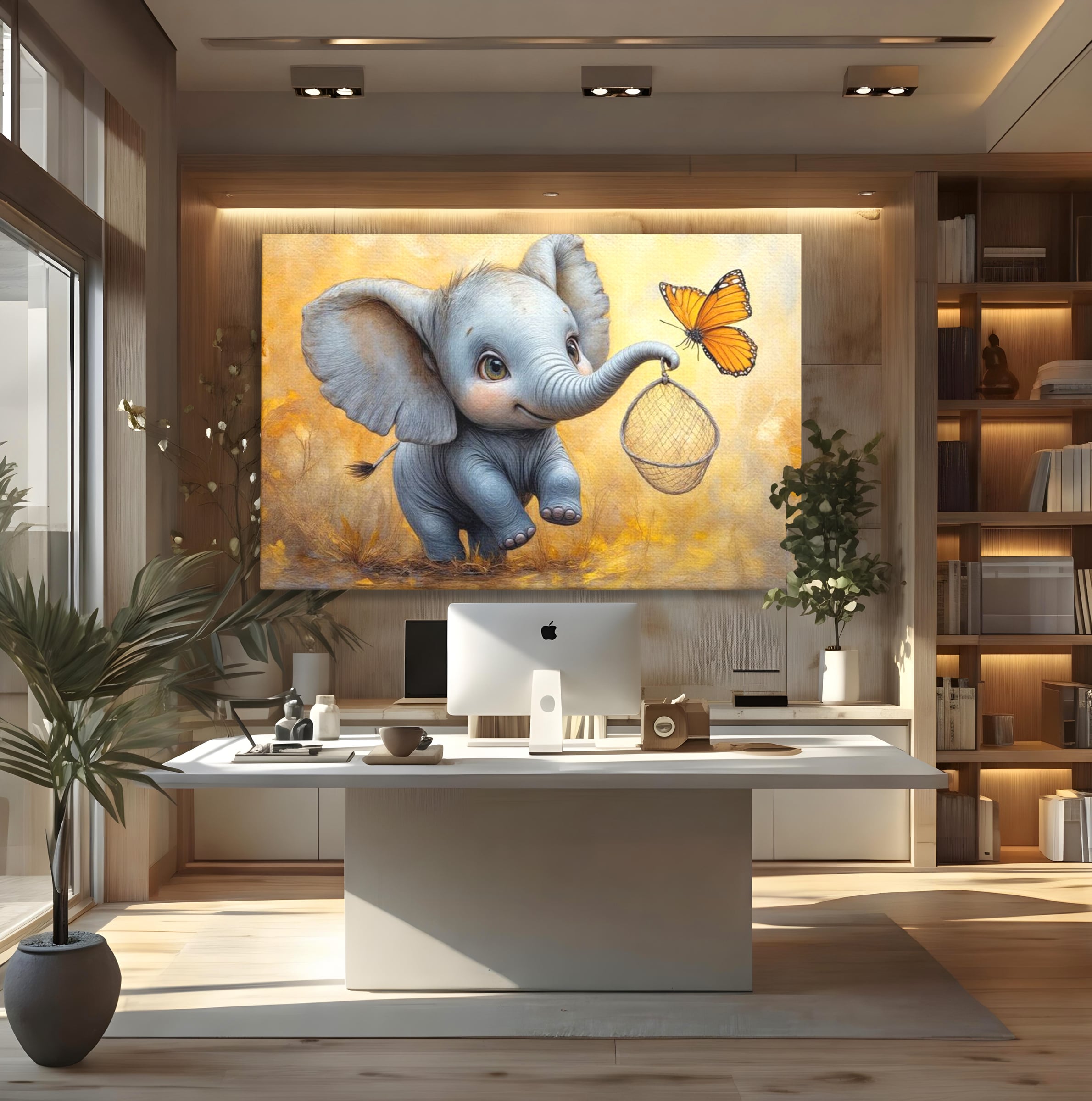 Tablou canvas cu ilustratie cu elefantel si fluture, fara rama, pe sasiu de lemn, pe perete intr-un birou